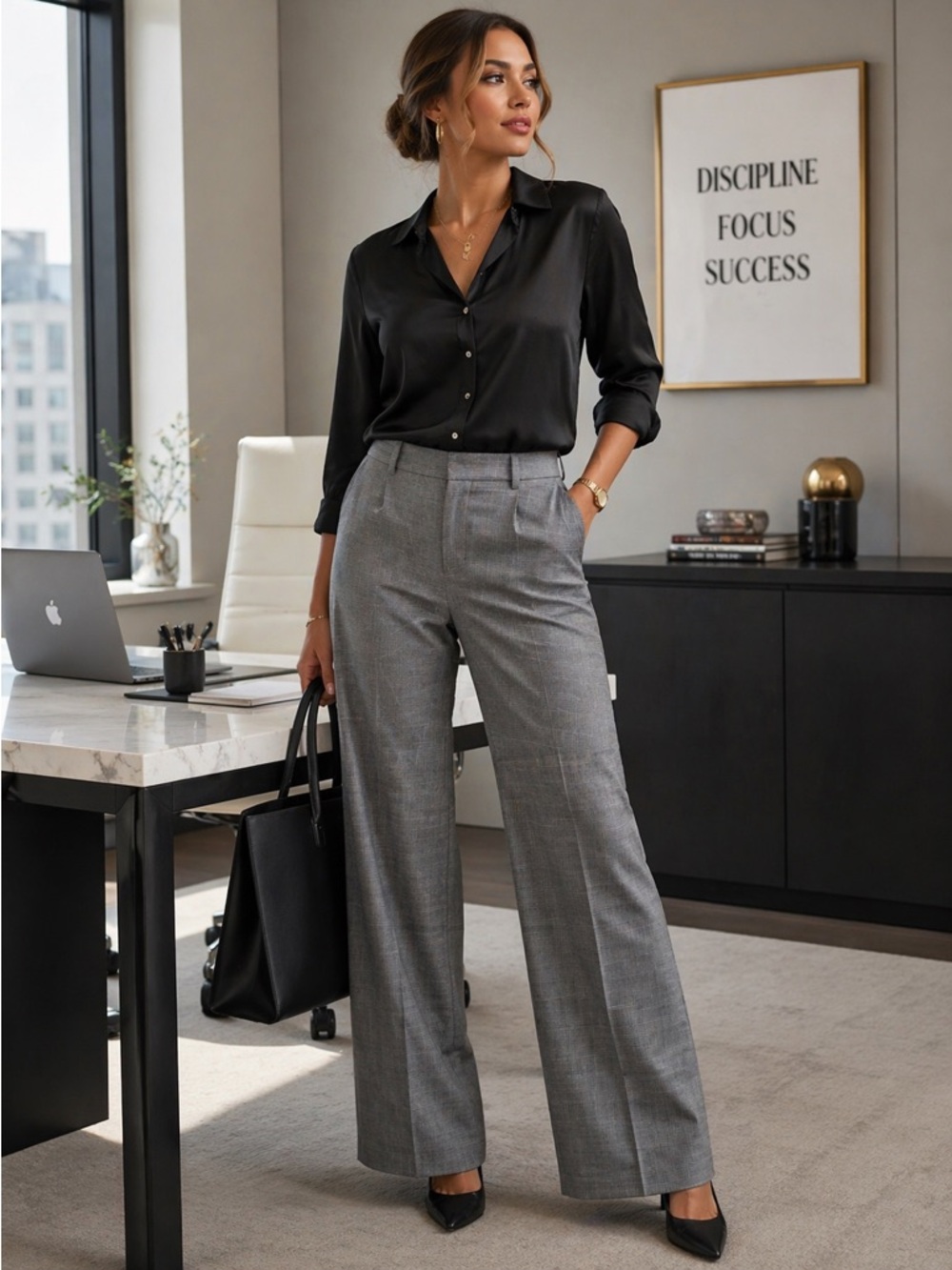 Rena Rowan Gray Plaid Wide Leg Trousers NWT Medium Career Chic Office Pants